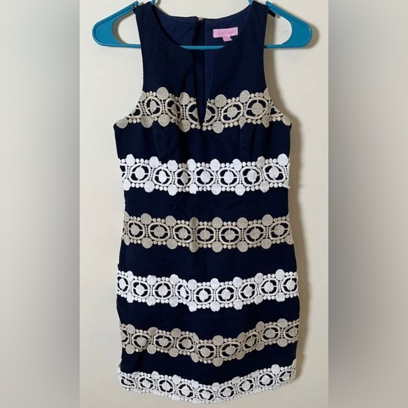 Lilly Pulitzer Dresses & Skirts - Lilly Pulitzer Size 2 Navy White Tan Gold Embroidered Dress